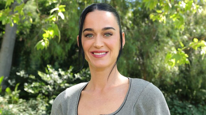 Katy Perry smiling while posing in a gray sweater outdoors