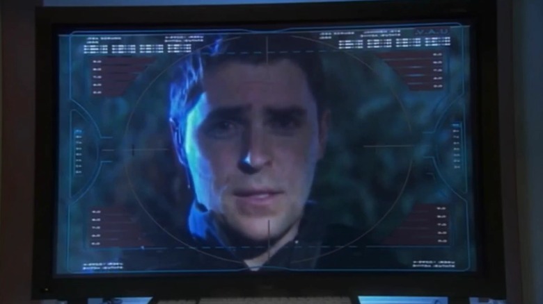 Kavan Smith as Major Lorne on a display screen on "Stargate Atlantis"