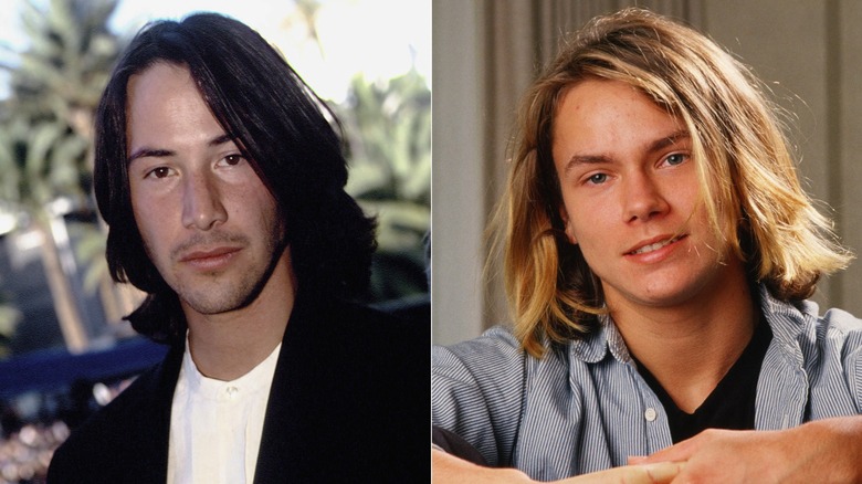 Split photo of Keanu Reeves next to River Phoenix in 1993