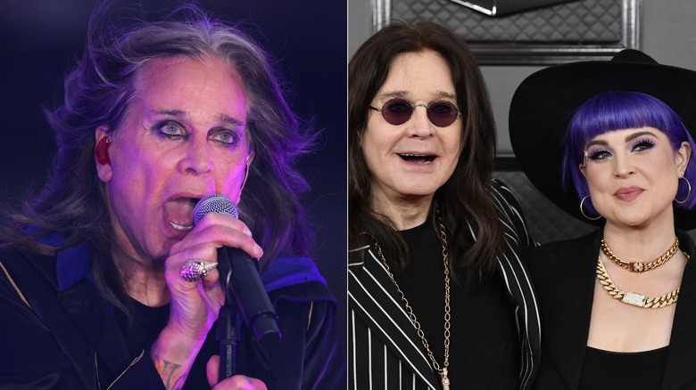 Split image of Ozzy Osbourne singing & Ozzy Osbourne and Kelly Osbourne smiling together