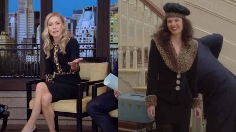 Split image of Kelly Ripa wearing a black dress with leopard-print trim during "Live" interview and Fran Drescher wearing a black dress with a leopard-print collar on The Nanny