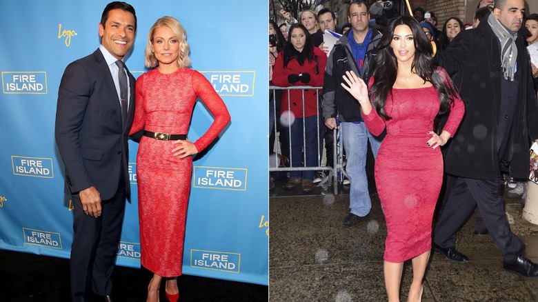 Split image of Kelly Ripa posing beside Mark Consuelos in a red lace dress and Kim Kardashian waving in a red lace dress