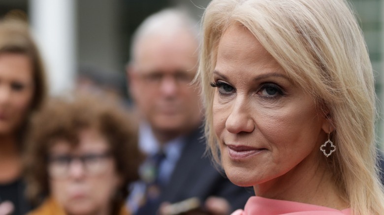 Kellyanne Conway speaks to members of the media in the West Wing of the White House (2019)