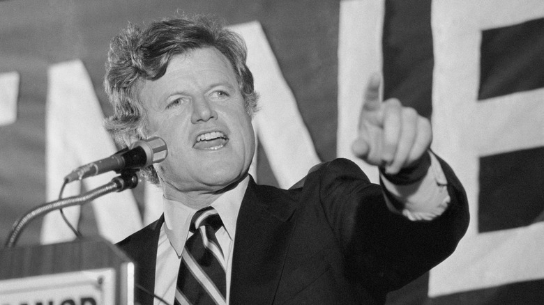Sen. Ted Kennedy pointing and speaking at a rally