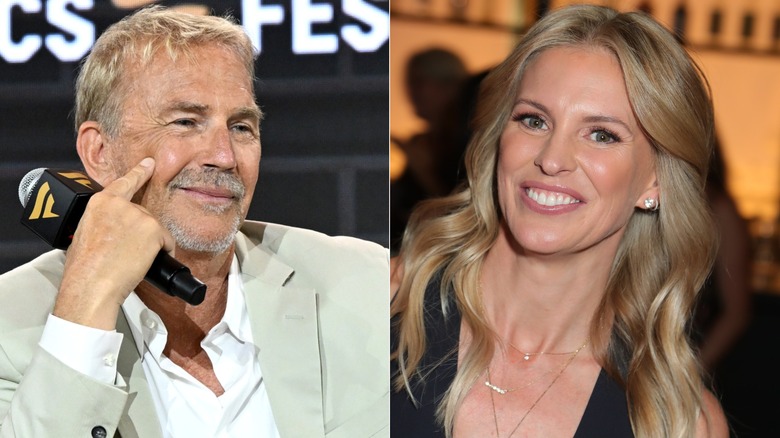 Kevin Costner speaks onstage at Fanatics Fest NYC 2025 at Javits Center on June 20, 2025 (left); Kelly Noonan Gores attends Book Launch Party For Kelly Noonan Gores' "Heal" at Spring Place on October 21, 2019 in Beverly Hills, California (right).