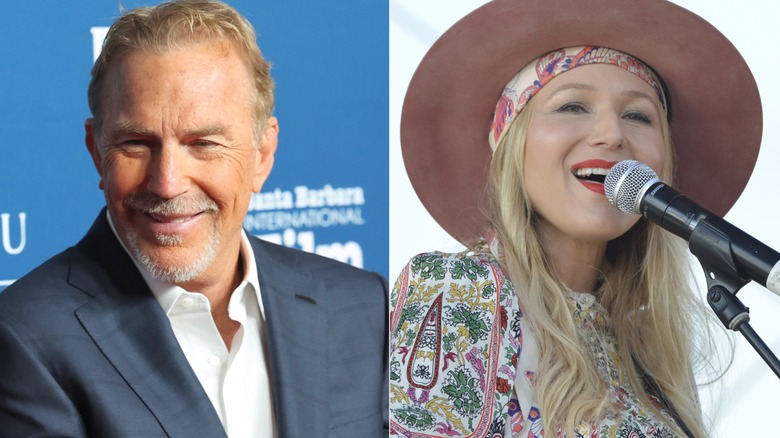 Kevin Costner attends the 40th Annual Santa Barbara International Film Festival in February 2025 (left); Singer-songwriter Jewel performs at The Banks on August 20, 2021 in Cincinnati, Ohio (right).