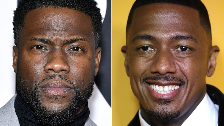 Kevin Hart and Nick Cannon smiling on the red carpet