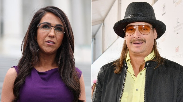A split image of Lauren Boebert and Kid Rock