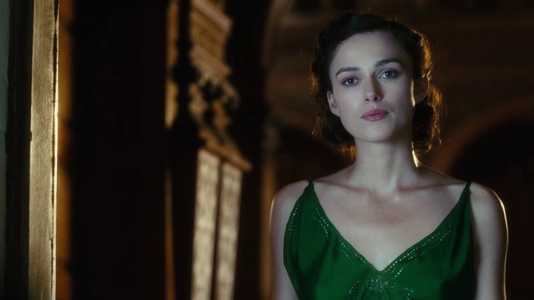 Keira Knightley wearing the famous green dress in a scene from Atonement