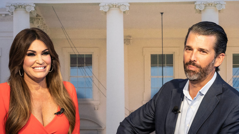 Kimberly Guilfoyle smiling and Donald Trump Jr. with pursed lips