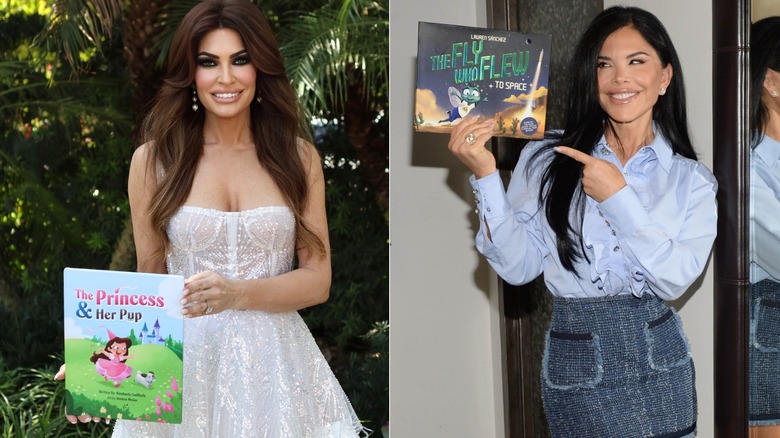 Kimberly Guilfoyle in a white dress outside, holding a copy of her children's book and Lauren Sanchez posing with her book.