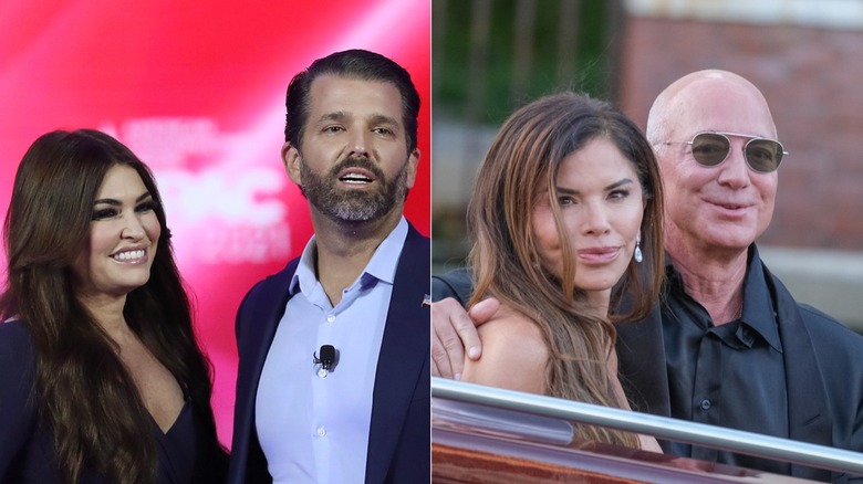 Kimberly Guilfoyle standing beside Donald Trump Jr. and Lauren Sanchez standing with Jeff Bezos.