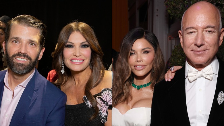 Lauren Sanchez with her arm around Jeff Bezos and Donald Trump Jr. holding hands with Kimberly Guilfoyle.
