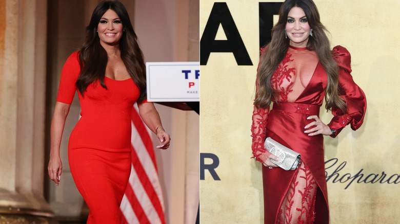 Kimberly Guilfoyle walking across the stage in a red dress in 2020 and posing in another red dress in 2025.