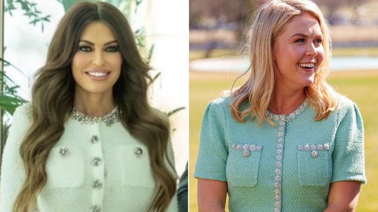 Split image of Kimberly Guilfoyle and Karoline Leavitt wearing similarly dowdy dresses while smiling