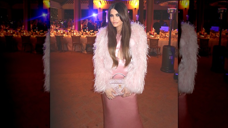 Kimberly Guilfoyle pink satin dress feather jacket