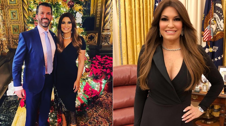 Split screen of Donald Trump Jr. and Kimberly Guilfoyle smiling and Kimberly Guilfoyle smiling alone