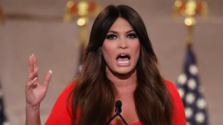 Kimberly Guilfoyle speaking in a red dress at the Republican National Convention in 2020.