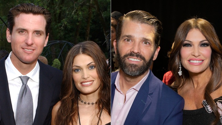 Side-by-side photos of Kimberly Guilfoyle with Gavin Newsom and Donald Trump Jr.