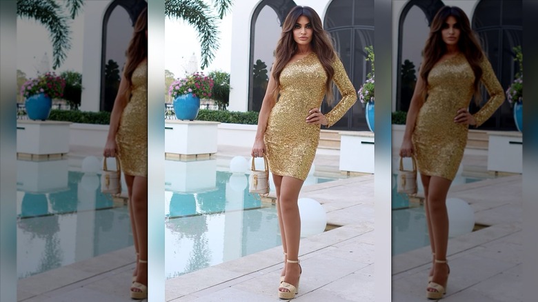 Kimberly Guilfoyle gold minidress by pool