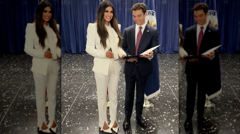 Kimberly Guilfoyle and her son smiling at her swearing-in ceremony as ambassador