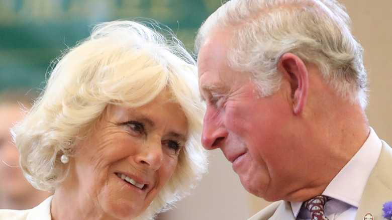 King Charles III and Camilla, Queen Consort, smiling at each other