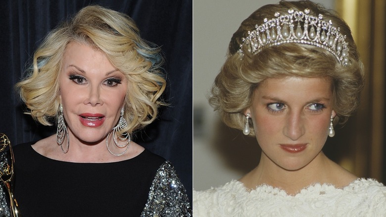 Joan Rivers attends the 53rd Annual CLIO Awards at American Museum of Natural History on May 15, 2012 in New York City (left), and Princess Diana at a dinner at the British Embassy in Washington, DC, November 1985 (right).