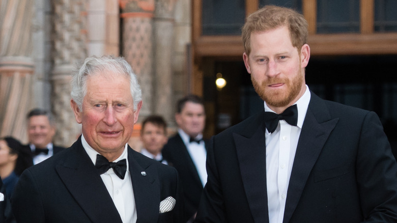 King Charles III and Prince Harry smiling