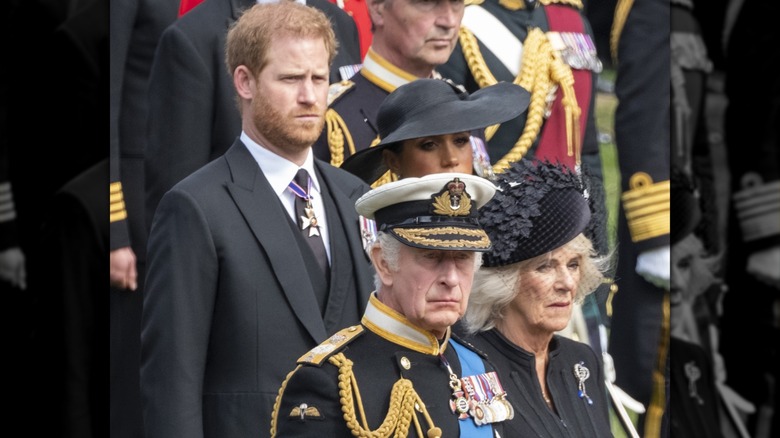 Prince Harry and Meghan Markle standing behind King Charles III and Camilla Parker Bowles