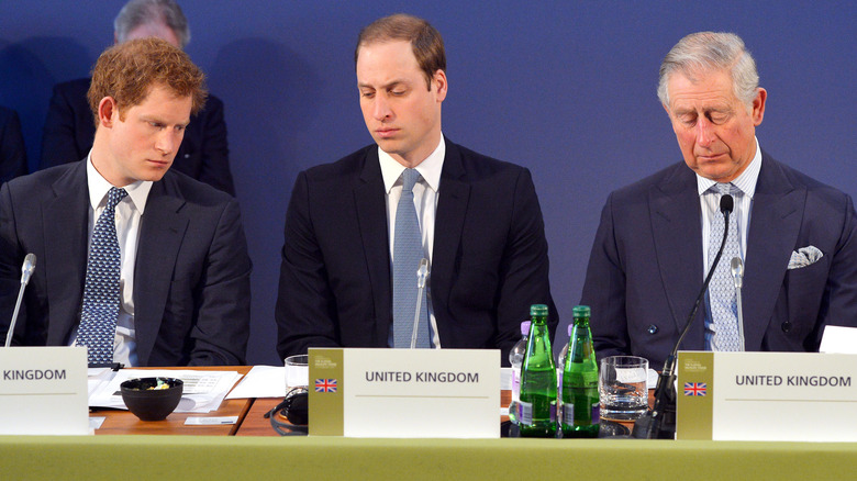 Prince Harry, Prince William, and King Charles III sitting at a table with microphones