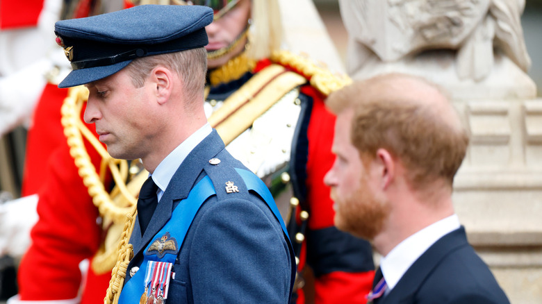 Prince William walks sternly ahead looking down while Prince Harry looks at him out of focus in the foreground