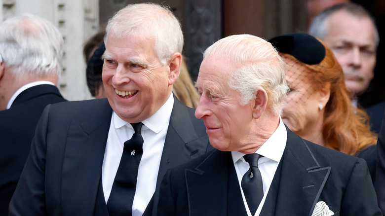 Prince Andrew, Duke of York and King Charles III attend Katharine, Duchess of Kent's Requiem Mass service at Westminster Cathedral on September 16, 2025 in London, England