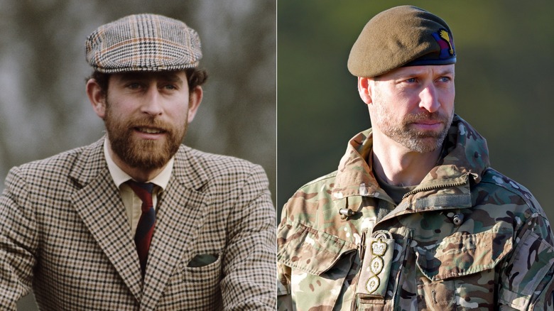 Side-by-side images comparing a young, bearded King Charles III and his son, William, Prince of Wales