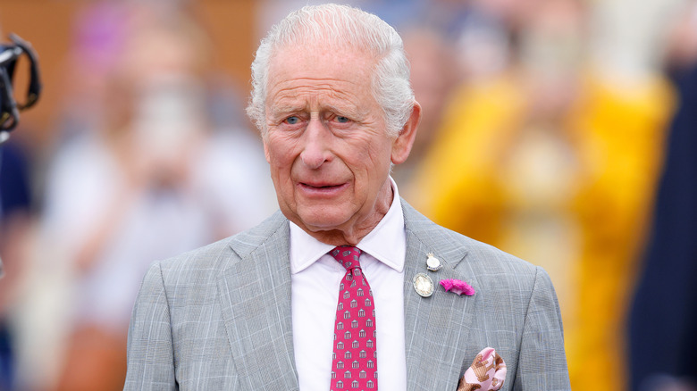 King Charles III at the Sandringham Flower Show 2025 in a grey suit with a red tie