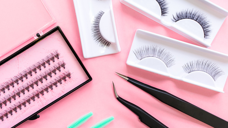 False eyelashes on a pink background 