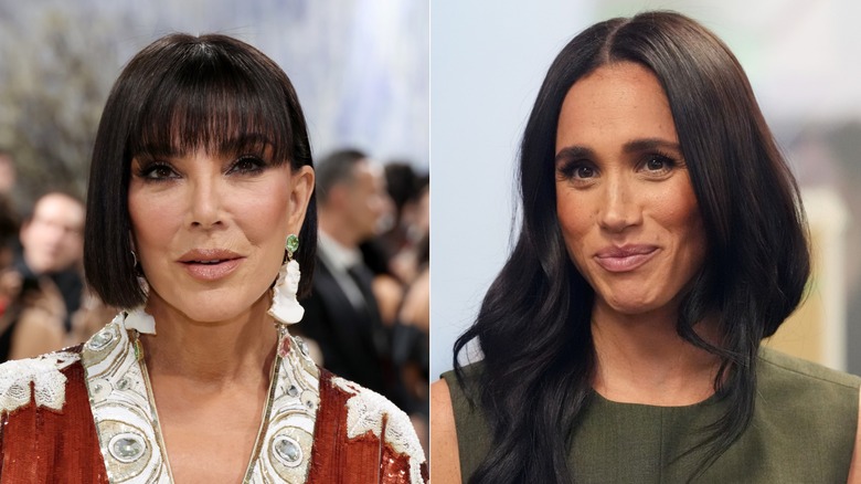 Split image of Kris Jenner gazing into the camera & Meghan Markle smiling with her lips pursed