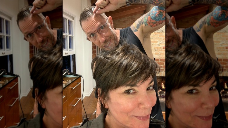 Kris Jenner posing in a salon chair with Chris McMillan behind her.
