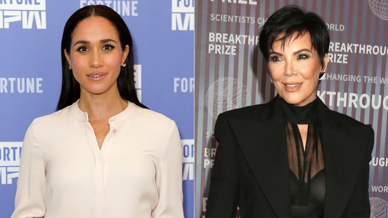 Split image of Meghan Markle and Kris Jenner smiling