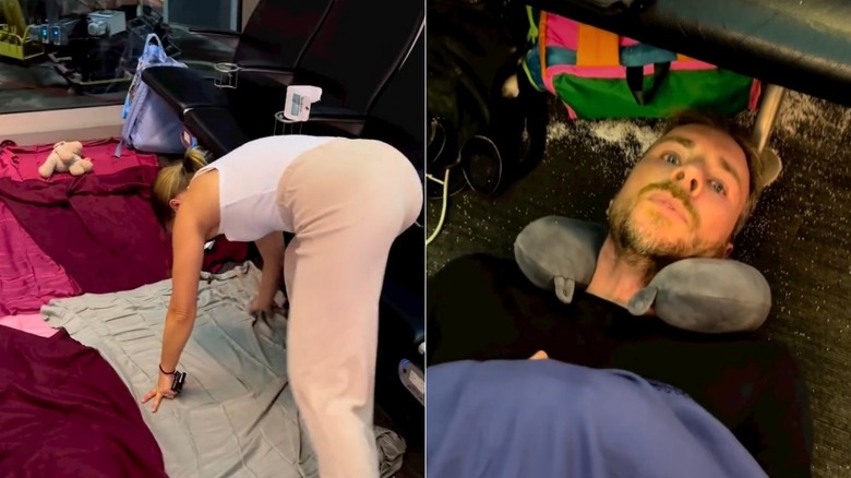 Split image of Kristen Bell arranging blankets on the floor of an airport and Dax Shepard lying on the floor with a neck pillow on.