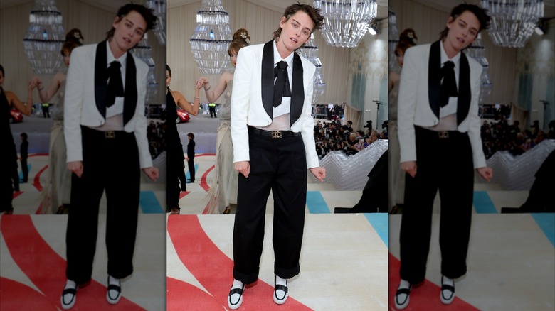 Kristen Stewart wearing a black and white outfit at the Met Gala.