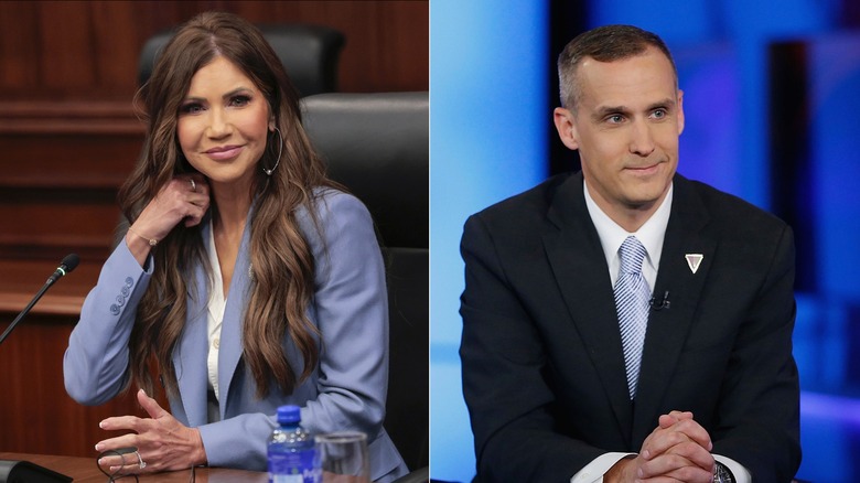 Two photos showing Kristi Noem and Corey Lewandowski.