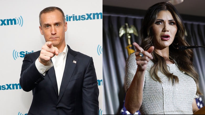 Two photos showing Kristi Noem and Corey Lewandowski.