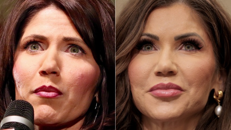 Kristi Noem speaking into a microphone and smirking