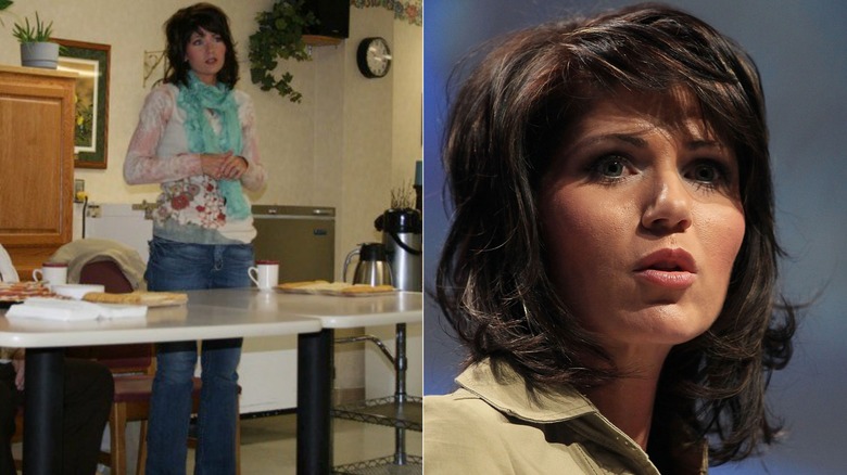 Split image of Kristi Noem wearing a scarf and flared jeans and with a shaggy bob haircut