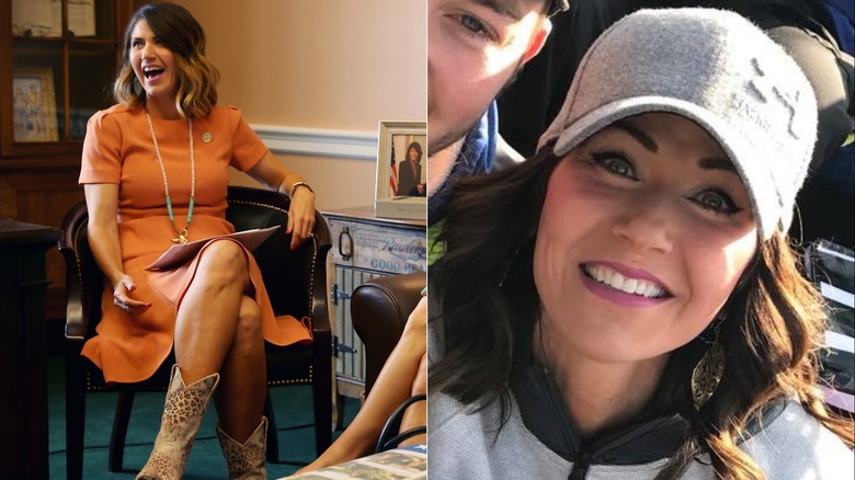 Split image of Kristi Noem wearing orange dress and cowboy boots and with fuchsia lipstick and gray hat