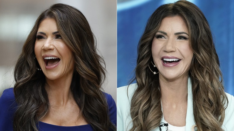 Split image of Kristi Noem laughing in dark blue outfit and laughing in pale blue blazer