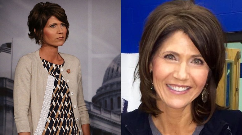 Split image of Kristi Noem wearing geometric-print dress and with a flipped-under lob hairstyle