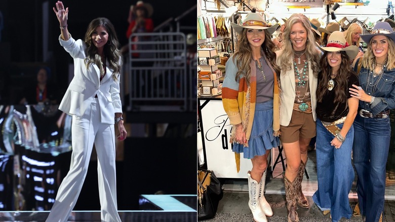 Split image of Kristi Noem waving in white pants suit and wearing cowboy hat and ruffled denim skirt