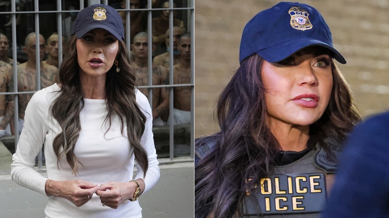 Split image of Kristi Noem wearing ICE hat and Rolex and wearing ICE hat and bulletproof vest