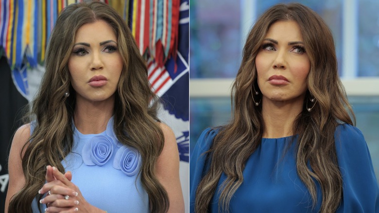 Split image of Kristi Noem wearing blue dress with rosettes and wearing large hoop earrings